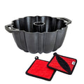 Cast Iron Fluted Cake Pan with Red Potholders | Kitchen Starter Bundle
