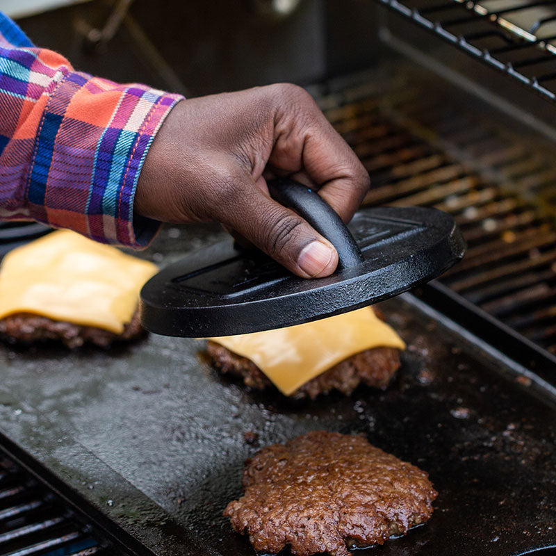 6.25 Inch Seasoned Cast Iron Burger Press | Outdoor Cooking Essential