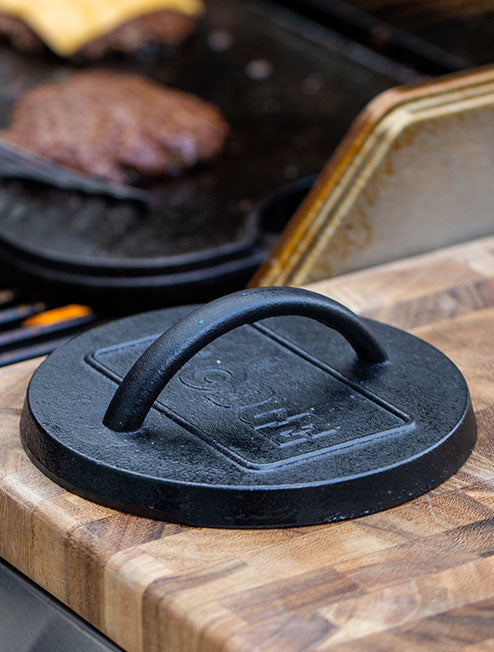 6.25 Inch Seasoned Cast Iron Burger Press | Outdoor Cooking Essential