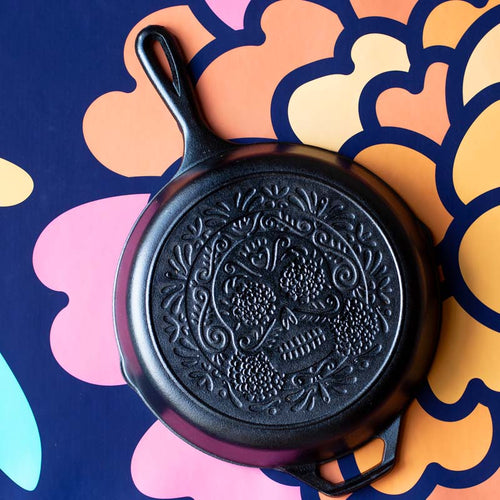 10.25 Inch Seasoned Cast Iron Sugar Skull Skillet | Everyday Seasoned Cast Iron