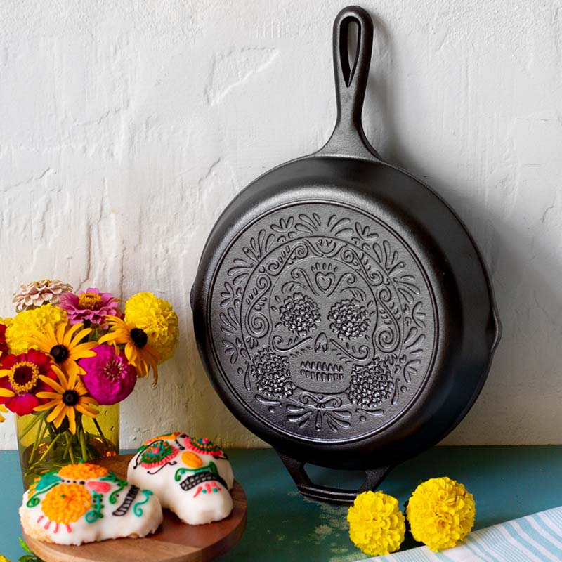 10.25 Inch Seasoned Cast Iron Sugar Skull Skillet | Everyday Seasoned Cast Iron
