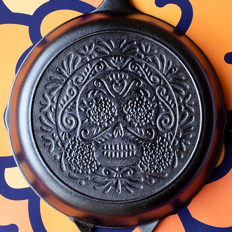 10.25 Inch Seasoned Cast Iron Sugar Skull Skillet | Everyday Seasoned Cast Iron